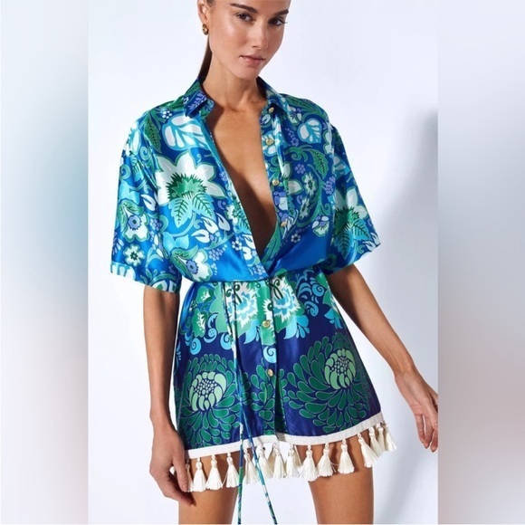 Alexis Dresses & Skirts - Alexis Dress Emotion Tunic Fringe Hem Button Down in Blu Blossom Floral